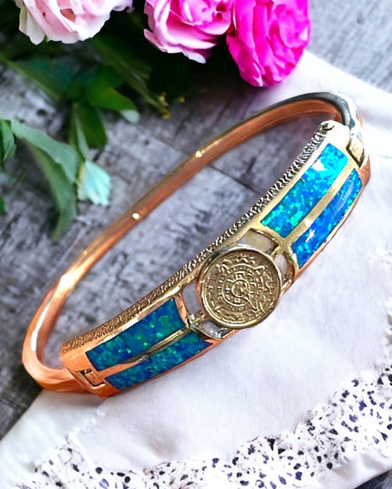 Vintage Silver Mexico Opal Aztec calendar bangle Bracelet
