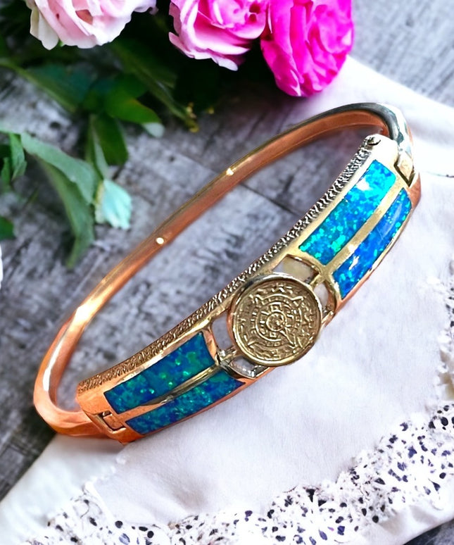 Vintage Silver Mexico Opal Aztec calendar bangle Bracelet