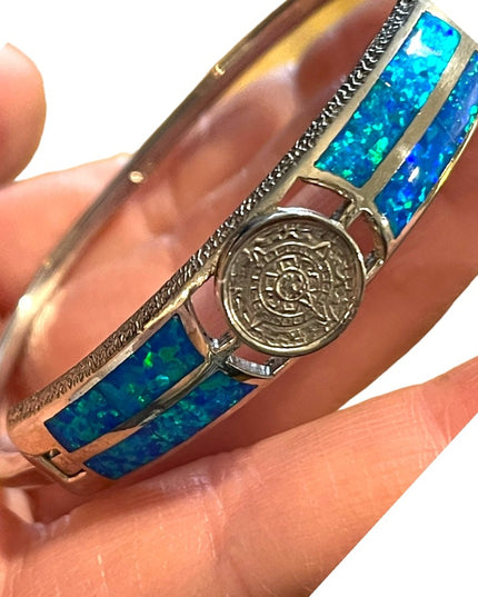 Vintage Silver Mexico Opal Aztec calendar bangle Bracelet