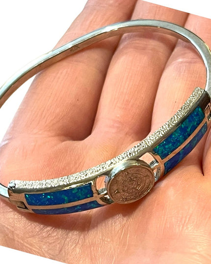Vintage Silver Mexico Opal Aztec calendar bangle Bracelet