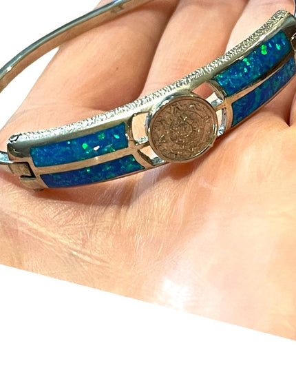 Vintage Silver Mexico Opal Aztec calendar bangle Bracelet