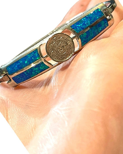 Vintage Silver Mexico Opal Aztec calendar bangle Bracelet