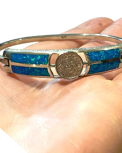 Vintage Silver Mexico Opal Aztec calendar bangle Bracelet