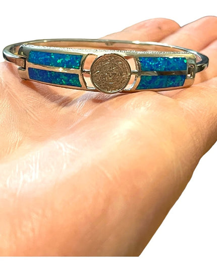 Vintage Silver Mexico Opal Aztec calendar bangle Bracelet