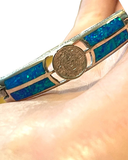 Vintage Silver Mexico Opal Aztec calendar bangle Bracelet