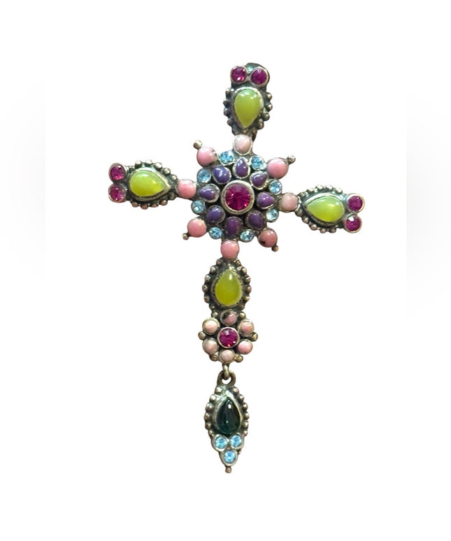 Vintage Barse Sterling Silver Multicolor Gemstone Cross Pendant Brooch RARE