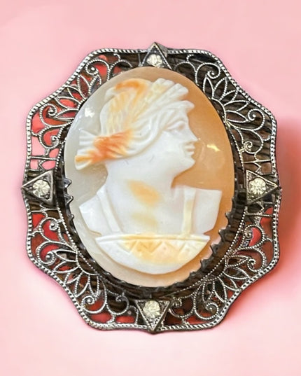 Antique Ornate filagree 800 silver Hand carved shell cameo brooch
