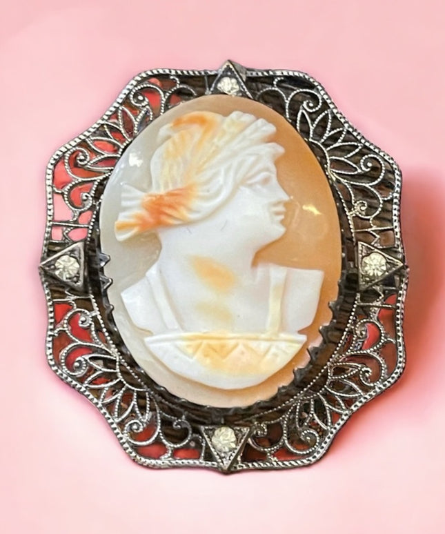 Antique Ornate filagree 800 silver Hand carved shell cameo brooch