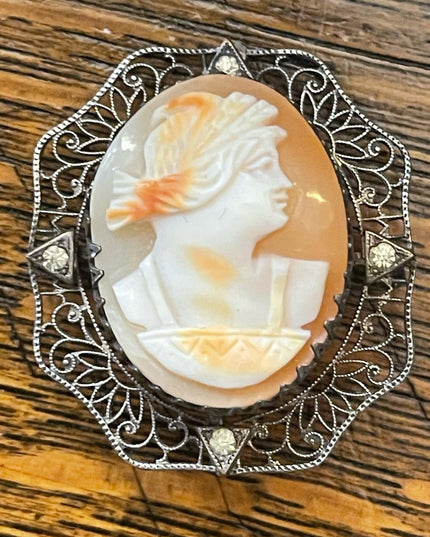 Antique Ornate filagree 800 silver Hand carved shell cameo brooch