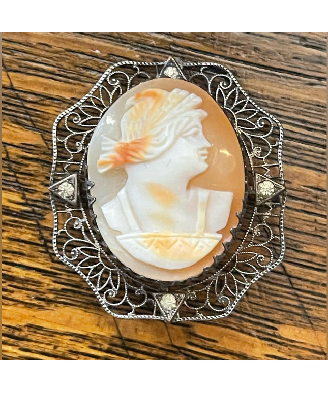 Antique Ornate filagree 800 silver Hand carved shell cameo brooch