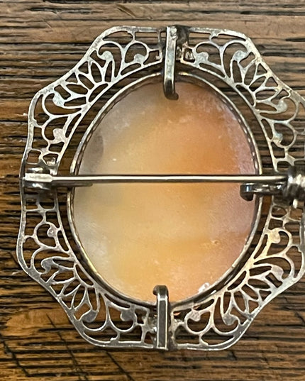 Antique Ornate filagree 800 silver Hand carved shell cameo brooch