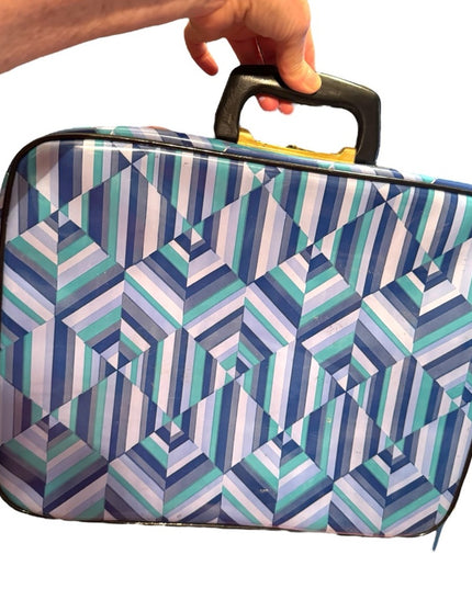 Vintage 1960s Blue Geometric Small Suitcase Mid Century