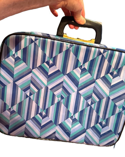 Vintage 1960s Blue Geometric Small Suitcase Mid Century