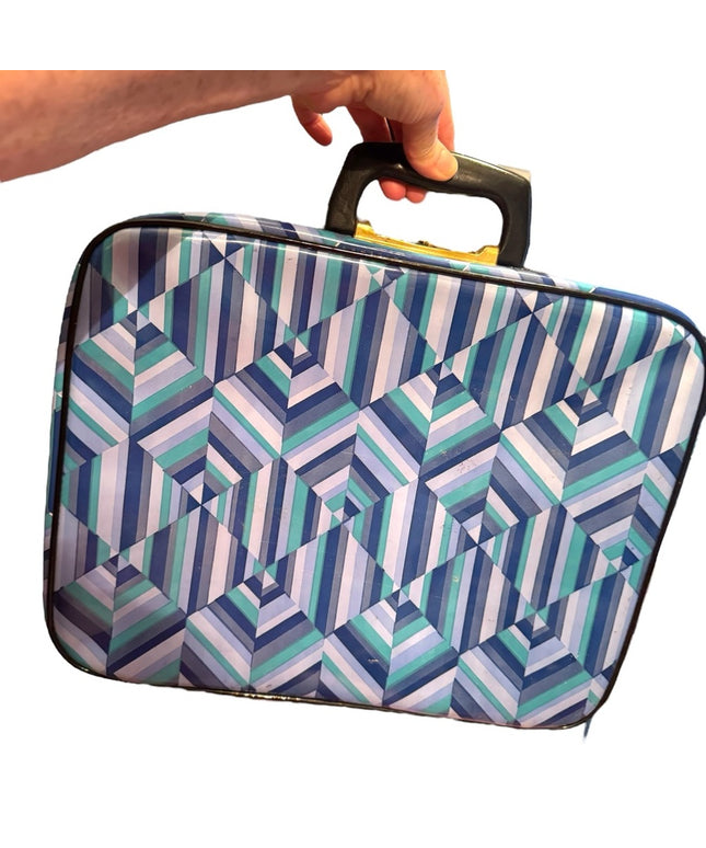 Vintage 1960s Blue Geometric Small Suitcase Mid Century