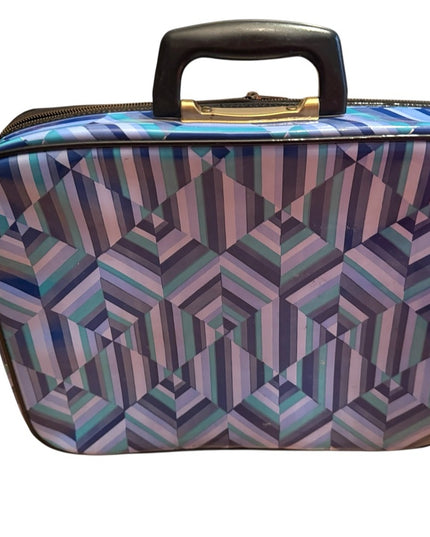 Vintage 1960s Blue Geometric Small Suitcase Mid Century