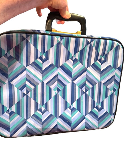 Vintage 1960s Blue Geometric Small Suitcase Mid Century