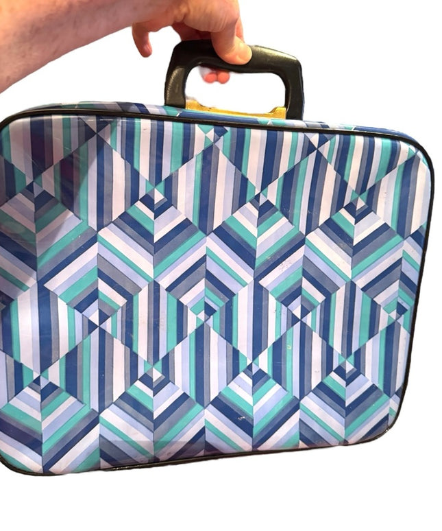 Vintage 1960s Blue Geometric Small Suitcase Mid Century