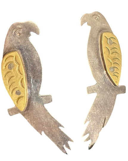 Vintage Sterling Silver 925 Brass accent Parrot Bird Earrings Mexico