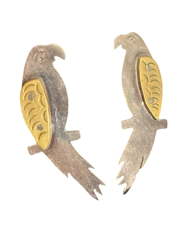Vintage Sterling Silver 925 Brass accent Parrot Bird Earrings Mexico