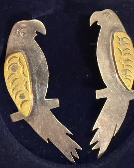 Vintage Sterling Silver 925 Brass accent Parrot Bird Earrings Mexico