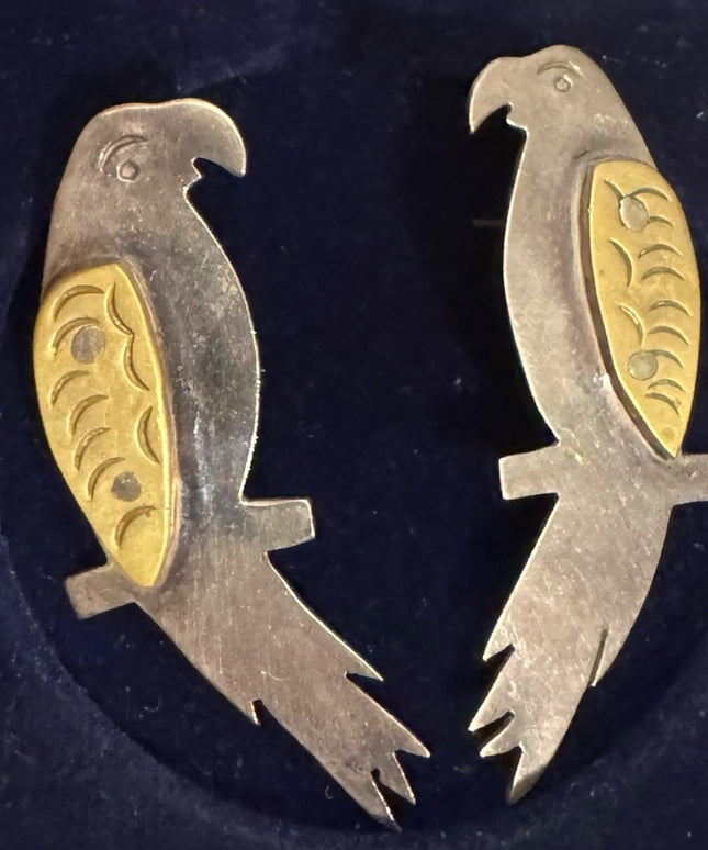 Vintage Sterling Silver 925 Brass accent Parrot Bird Earrings Mexico