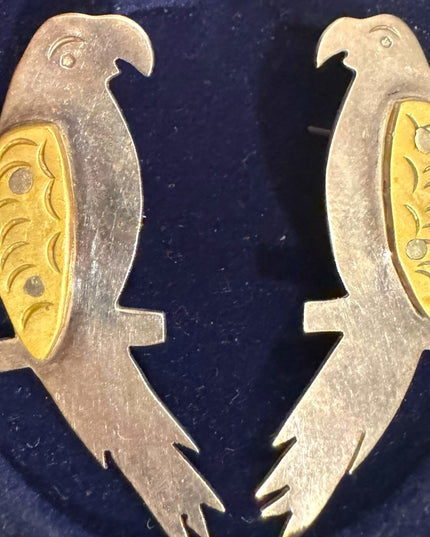 Vintage Sterling Silver 925 Brass accent Parrot Bird Earrings Mexico