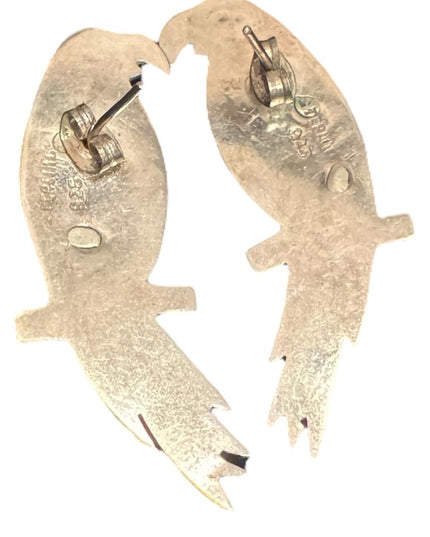 Vintage Sterling Silver 925 Brass accent Parrot Bird Earrings Mexico
