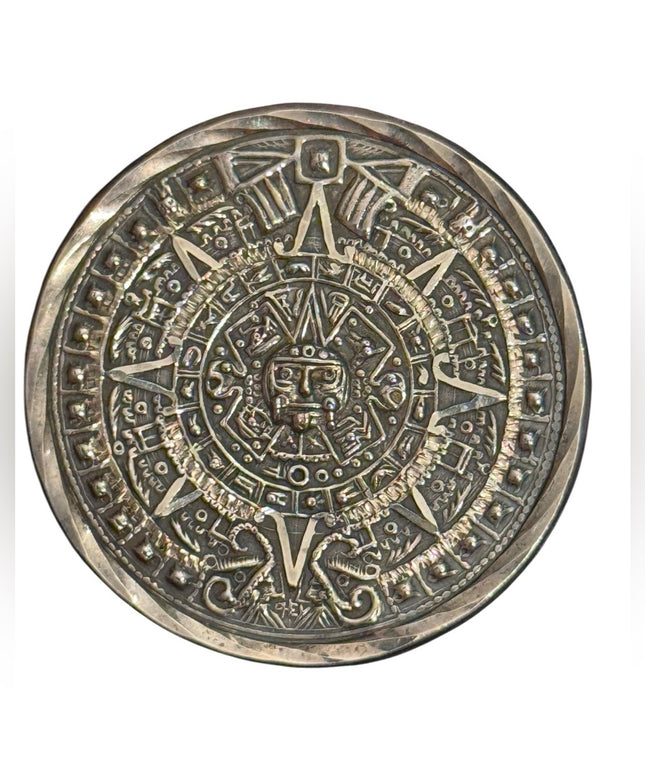 Vintage Mid Century 1950s Aztec Calendar Sterling Silver Pendant Brooch Taxco