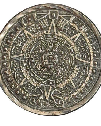 Vintage Mid Century 1950s Aztec Calendar Sterling Silver Pendant Brooch Taxco