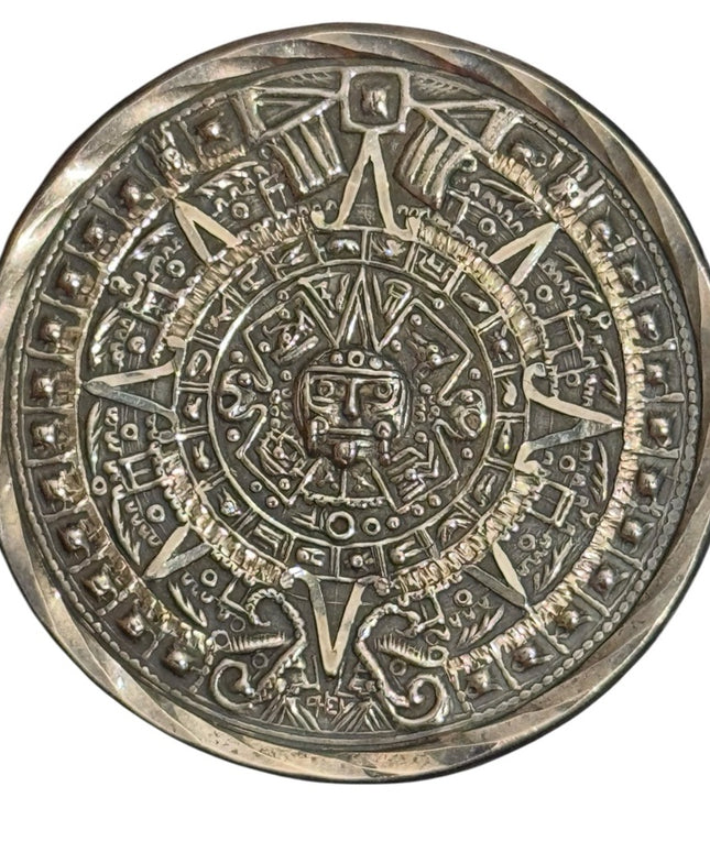 Vintage Mid Century 1950s Aztec Calendar Sterling Silver Pendant Brooch Taxco