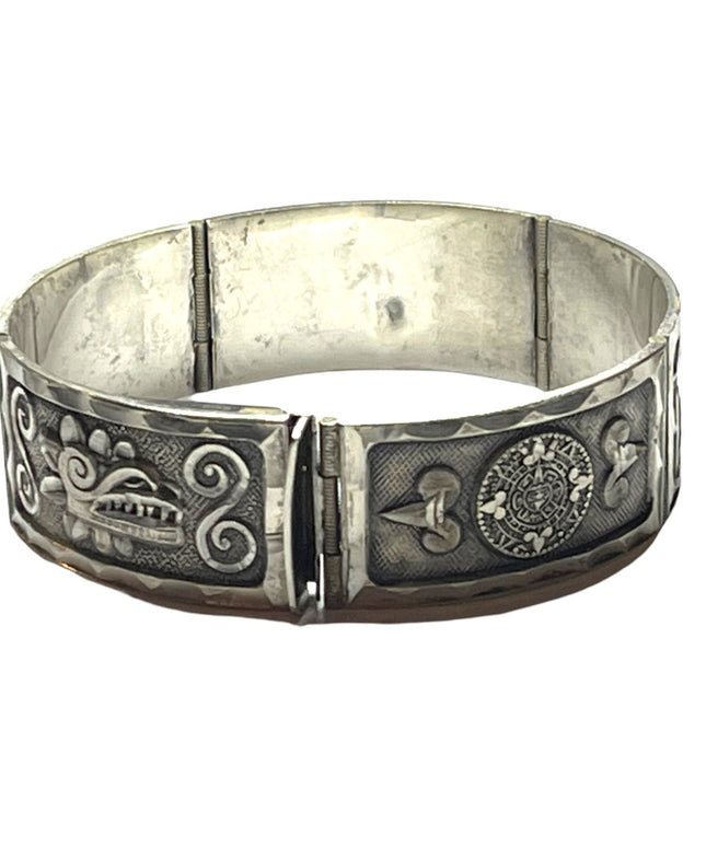 Vintage Mexico Bangle link bracelet Sterling Silver AZTEC Mayan dragon