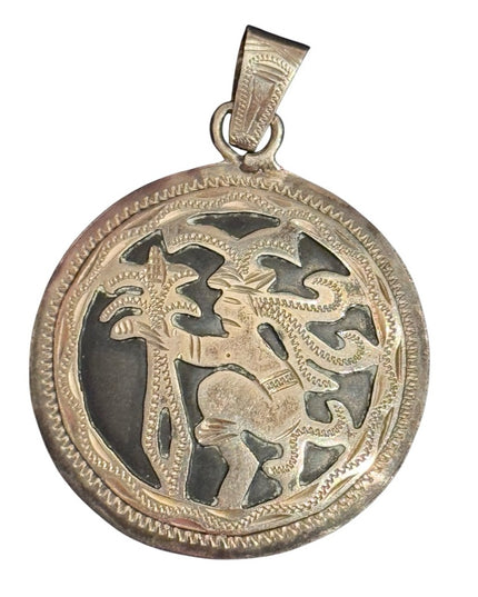 Vintage Mexico 800 Silver Pendant with Intricate Aztec  Design