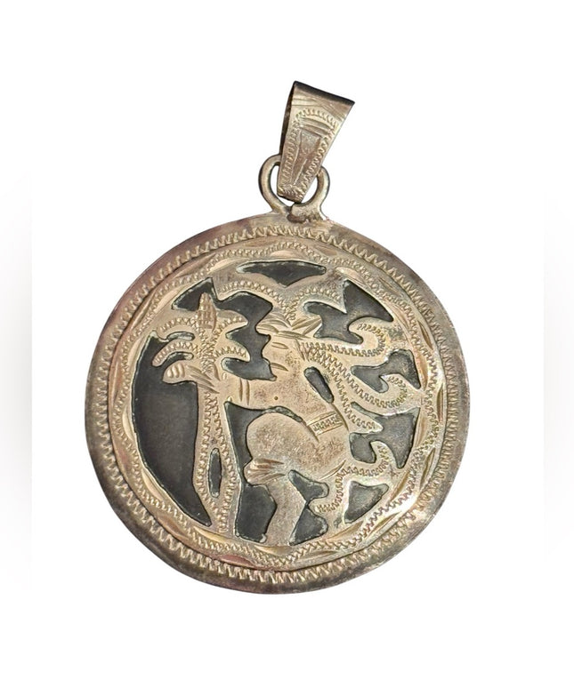 Vintage Mexico 800 Silver Pendant with Intricate Aztec  Design