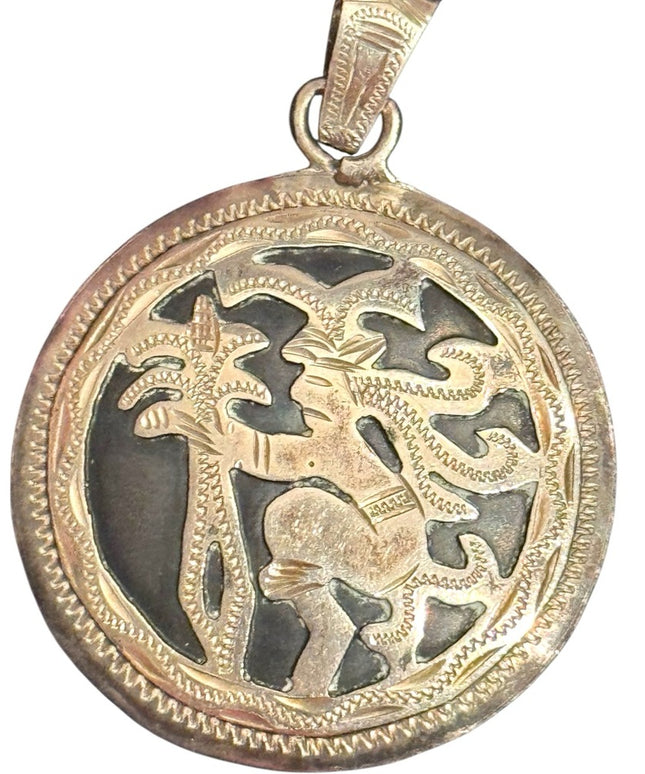 Vintage Mexico 800 Silver Pendant with Intricate Aztec  Design