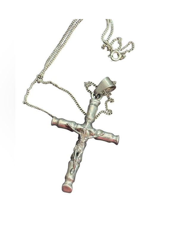Vintage Heavy TC-92 Taxco Mexico Sterling Silver Cross Crucifix Pendant Necklace