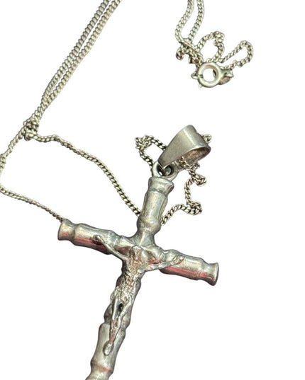 Vintage Heavy TC-92 Taxco Mexico Sterling Silver Cross Crucifix Pendant Necklace