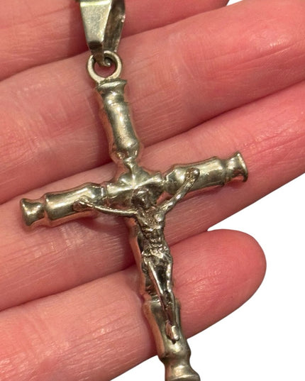 Vintage Heavy TC-92 Taxco Mexico Sterling Silver Cross Crucifix Pendant Necklace
