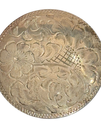 Vintage Large 2” 1950s Floral Etched Engraved Round Metal Brooch Mid Century (B)