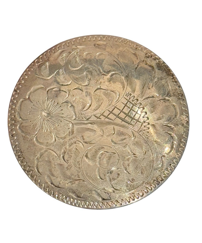 Vintage Large 2” 1950s Floral Etched Engraved Round Metal Brooch Mid Century (B)