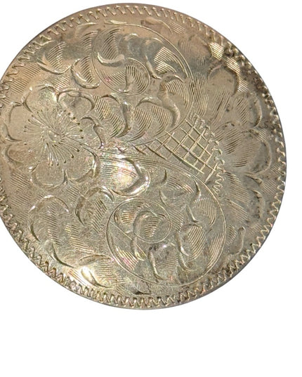 Vintage Large 2” 1950s Floral Etched Engraved Round Metal Brooch Mid Century (B)
