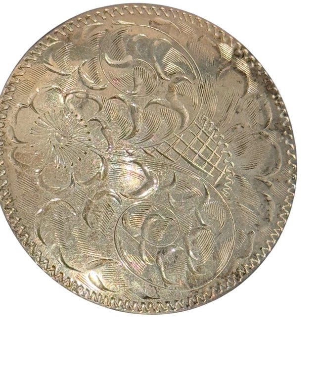 Vintage Large 2” 1950s Floral Etched Engraved Round Metal Brooch Mid Century (B)