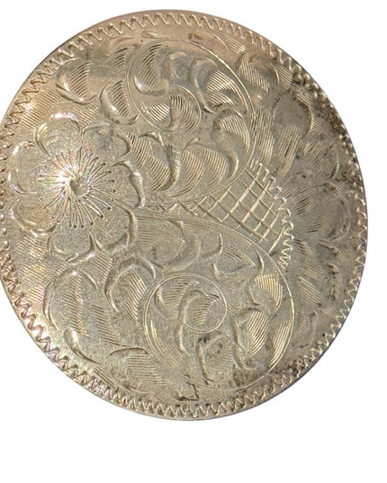 Vintage Large 2” 1950s Floral Etched Engraved Round Metal Brooch Mid Century (B)