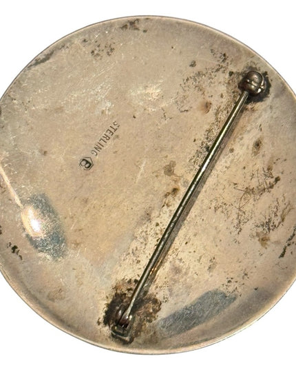 Vintage Large 2” 1950s Floral Etched Engraved Round Metal Brooch Mid Century (B)