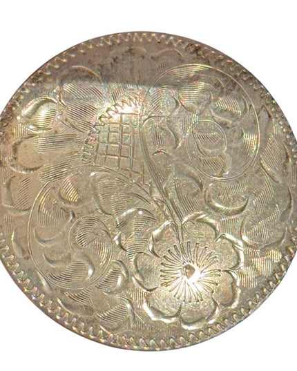 Vintage Large 2” 1950s Floral Etched Engraved Round Metal Brooch Mid Century (B)