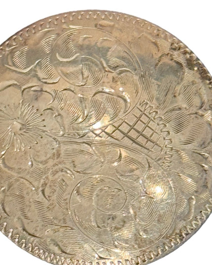 Vintage Large 2” 1950s Floral Etched Engraved Round Metal Brooch Mid Century (B)
