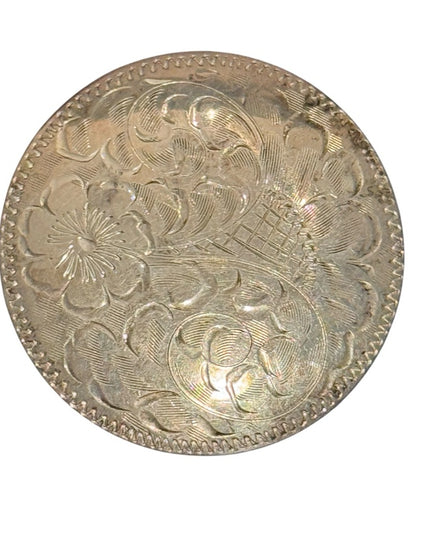 Vintage Large 2” 1950s Floral Etched Engraved Round Metal Brooch Mid Century (B)