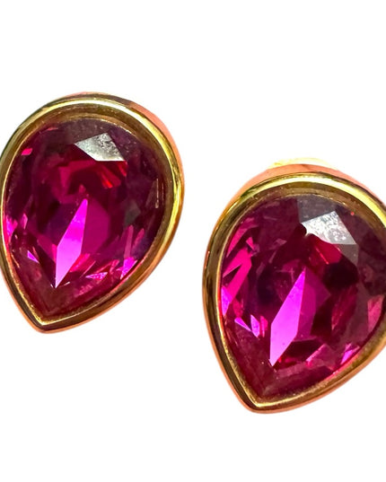 Elegant Rare Gold & Fushia Pink Teardrop SWAROVSKI SAL Vintage Clip on Earrings