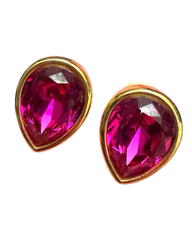 Elegant Rare Gold & Fushia Pink Teardrop SWAROVSKI SAL Vintage Clip on Earrings