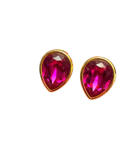 Elegant Rare Gold & Fushia Pink Teardrop SWAROVSKI SAL Vintage Clip on Earrings