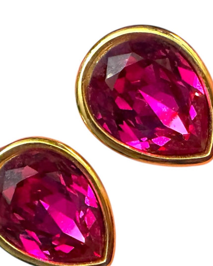 Elegant Rare Gold & Fushia Pink Teardrop SWAROVSKI SAL Vintage Clip on Earrings